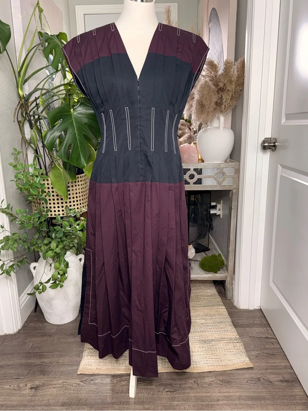 TORY BURCH Claire McCardell Poplin Maxi Dress Purple/Black Corset Size 12